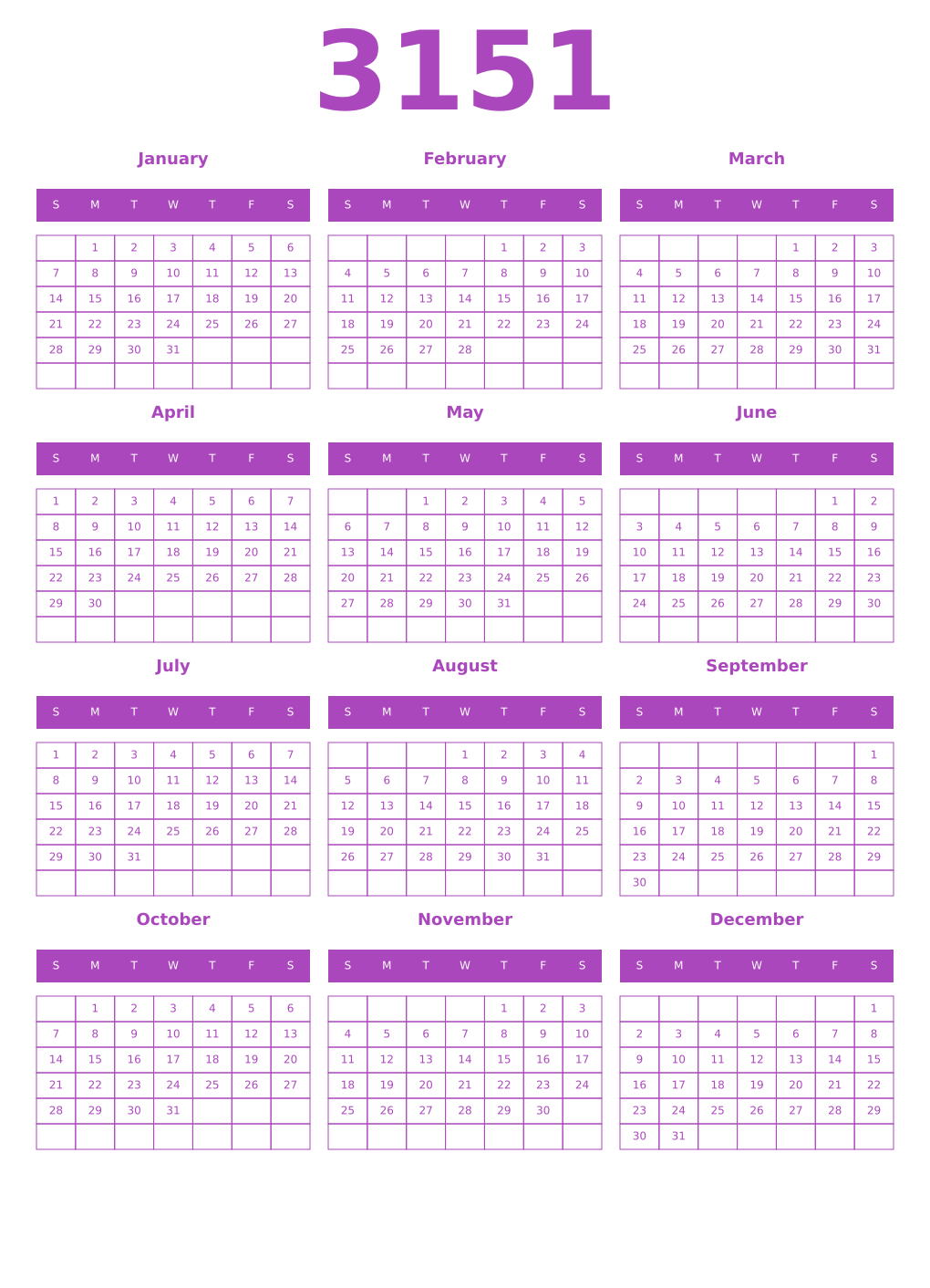 Printable 3151 Year Calendars purple