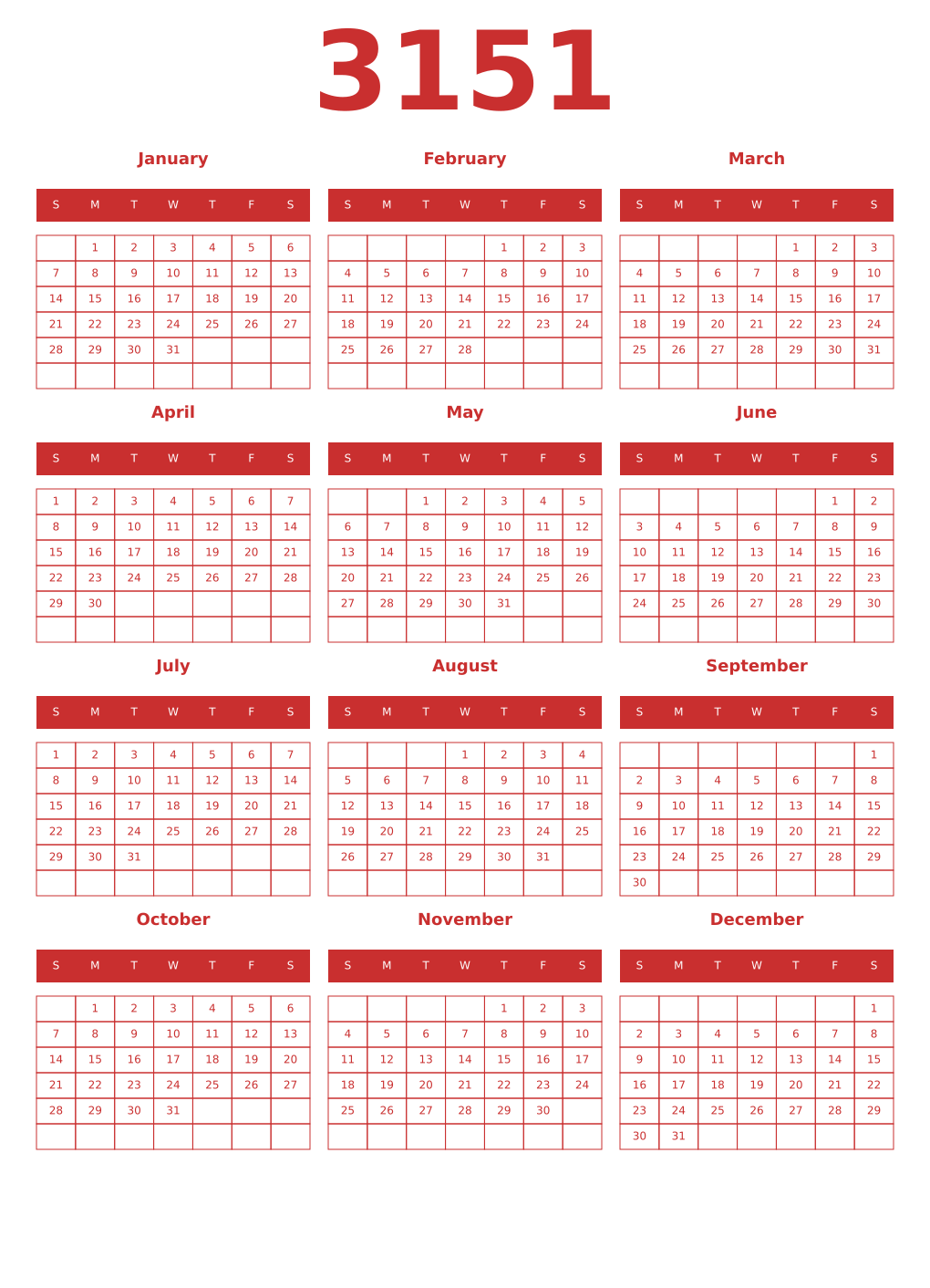 Printable 3151 Year Calendars red