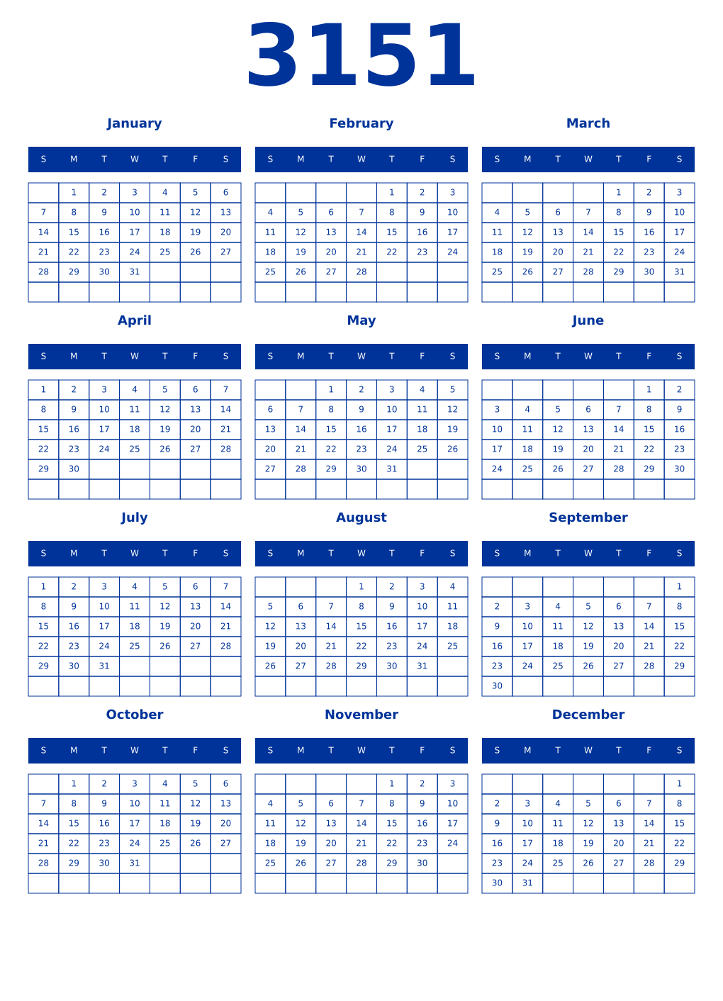 Printable 3151 Year Calendars smalt