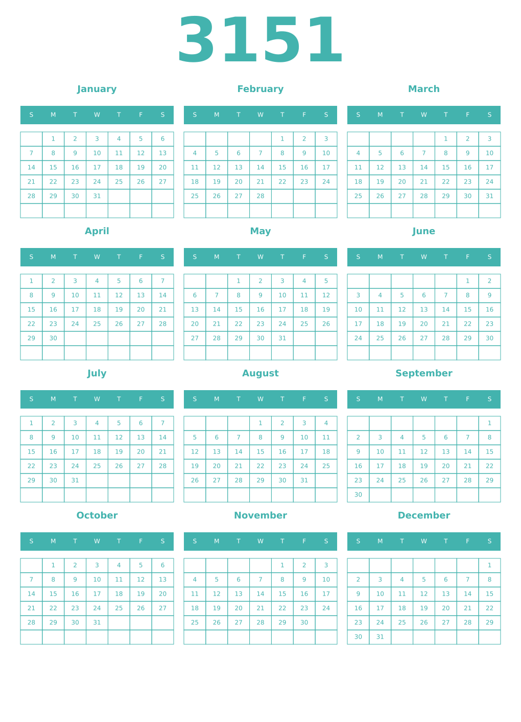 Printable 3151 Year Calendars verdigris