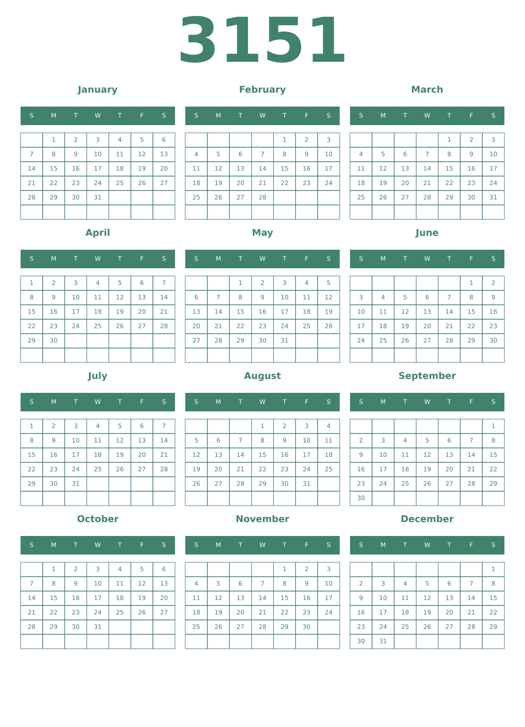 Printable 3151 Year Calendars viridian
