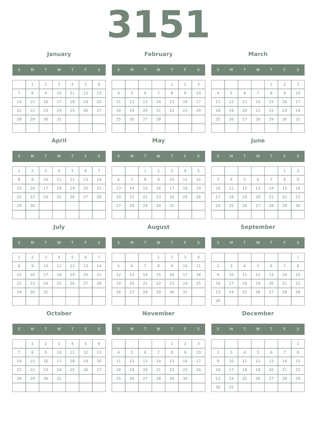 Printable 3151 Year Calendars xanadu