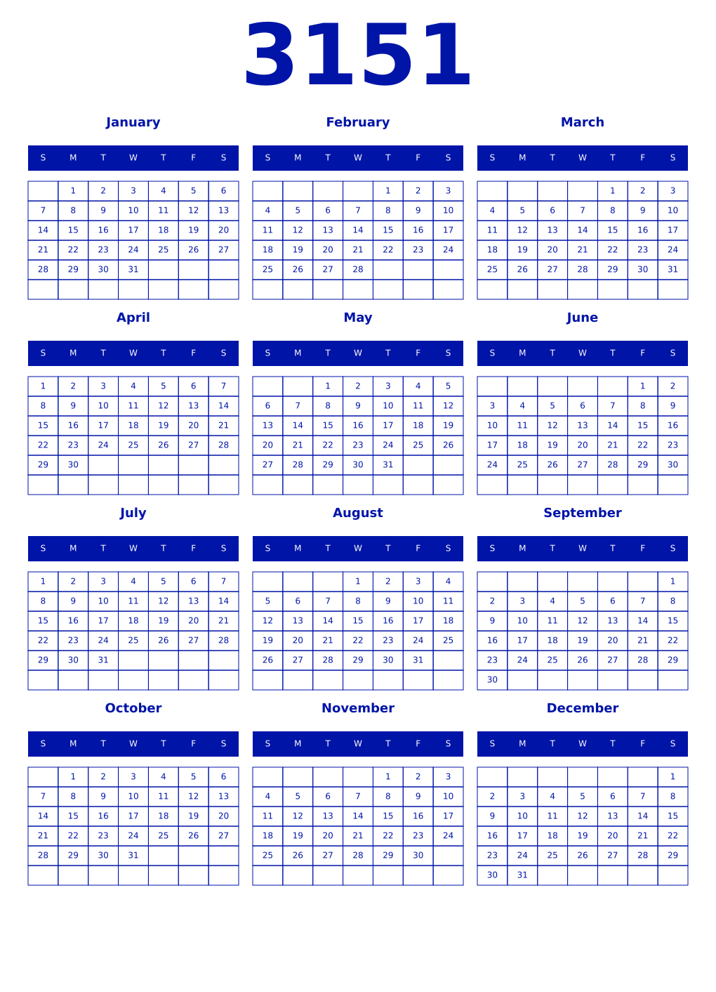 Printable 3151 Year Calendars zaffre