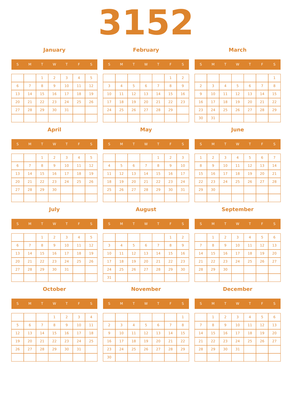 Printable 3152 Year Calendars orange