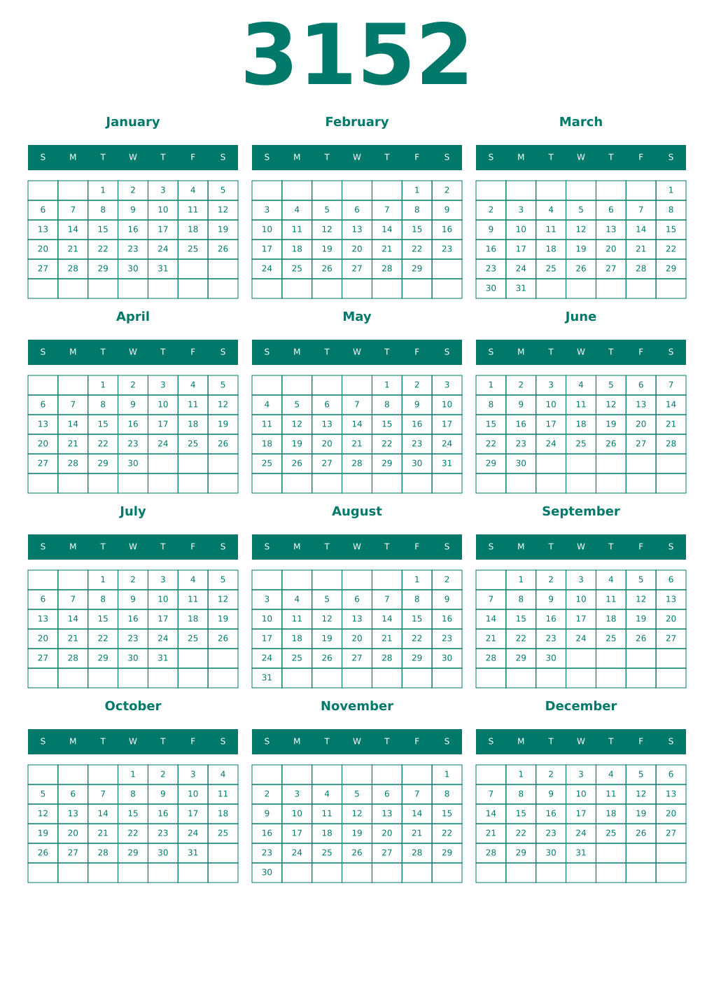 Printable 3152 Year Calendars pastel