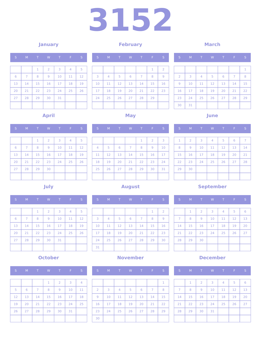 Printable 3152 Year Calendars periwinkle