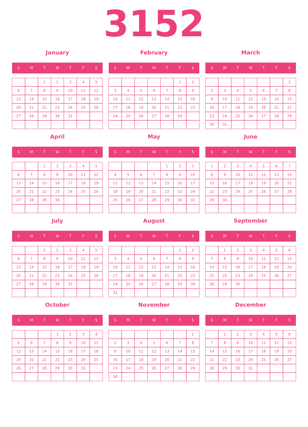 Printable 3152 Year Calendars pink