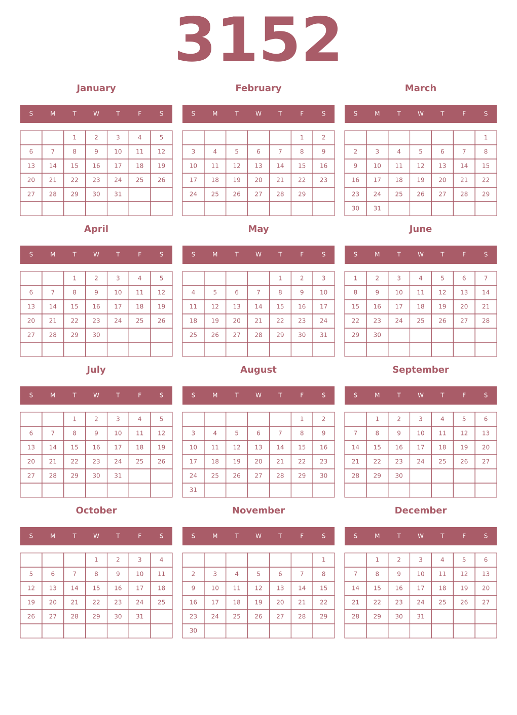 Printable 3152 Year Calendars puce