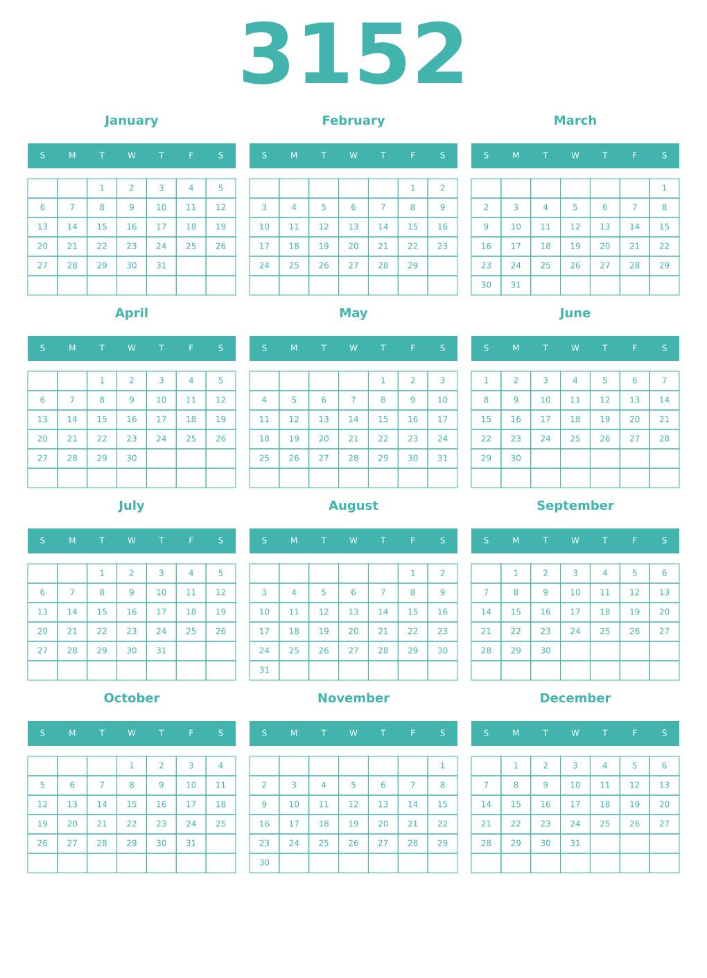 Printable 3152 Year Calendars verdigris