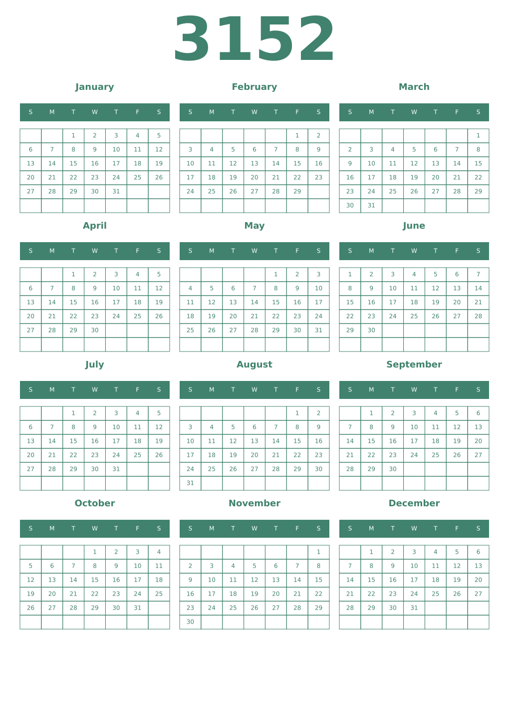 Printable 3152 Year Calendars viridian