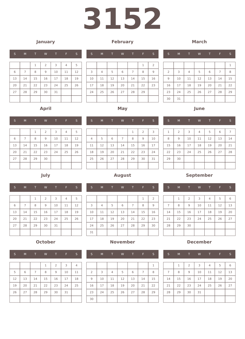Printable 3152 Year Calendars wenge