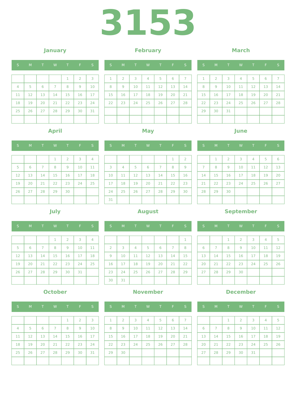 Printable 3153 Year Calendars celadon