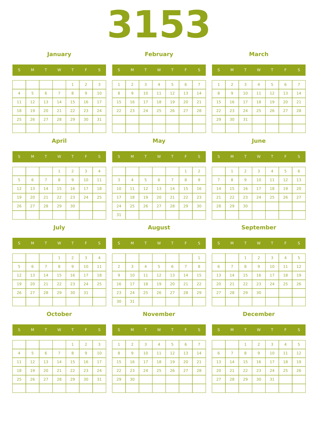 Printable 3153 Year Calendars chartreuse