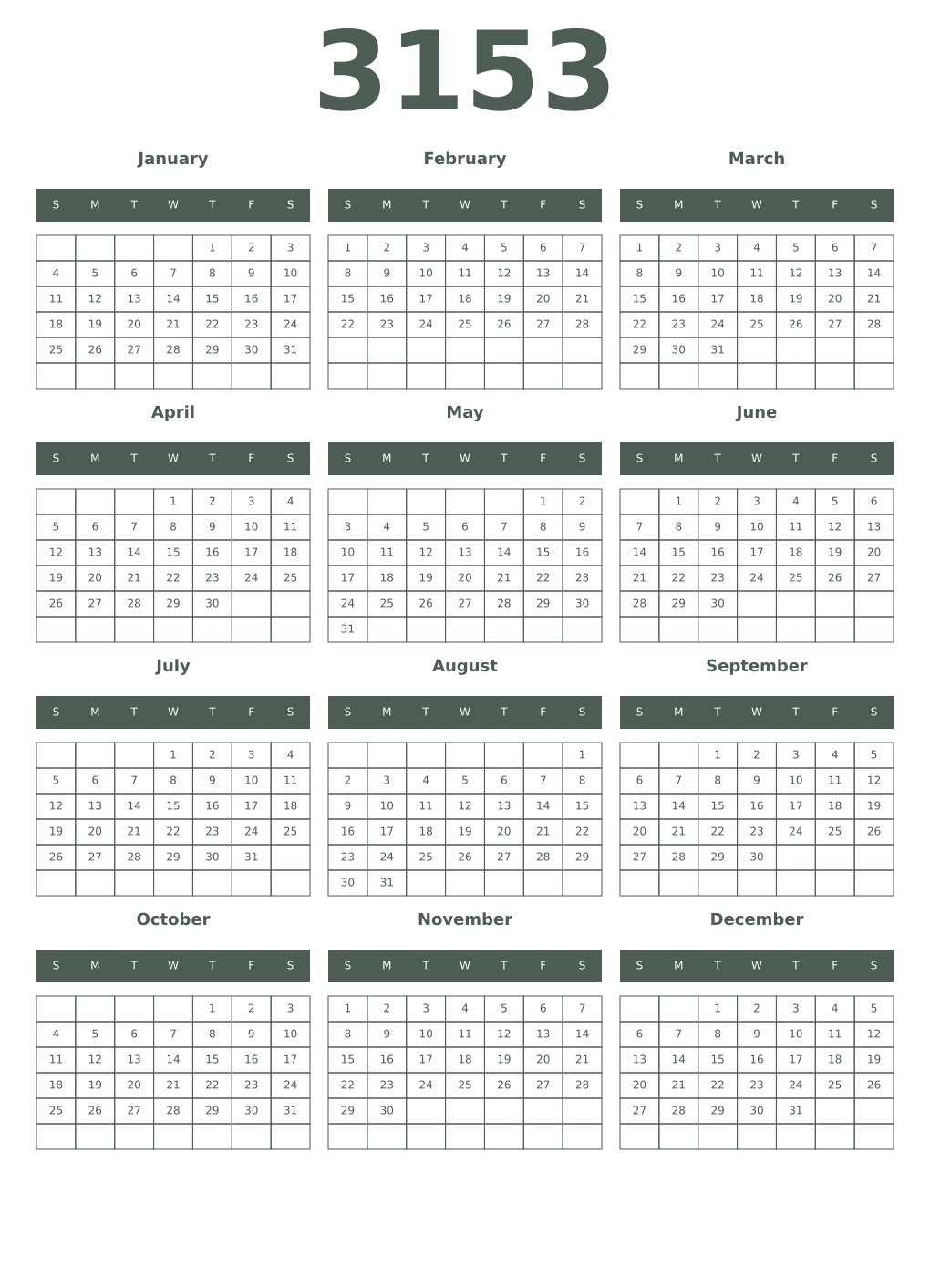 Printable 3153 Year Calendars feldgrau