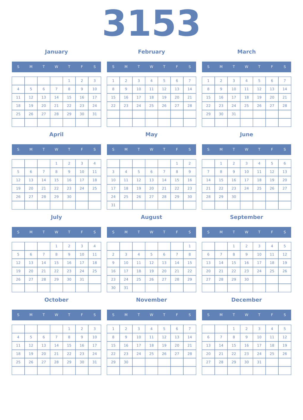 Printable 3153 Year Calendars glaucous