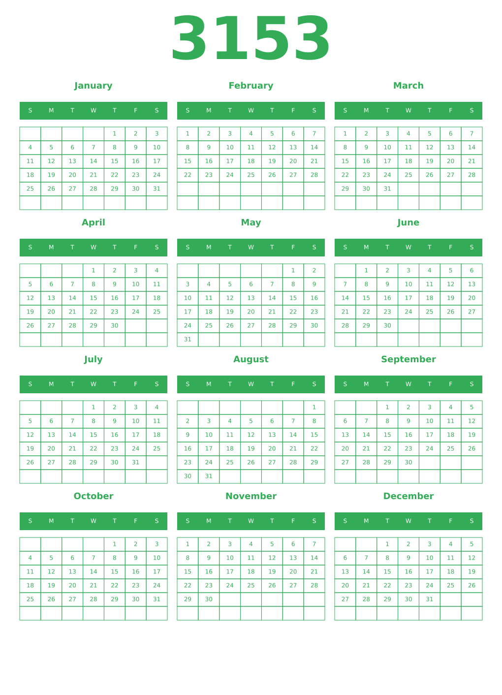 Printable 3153 Year Calendars green