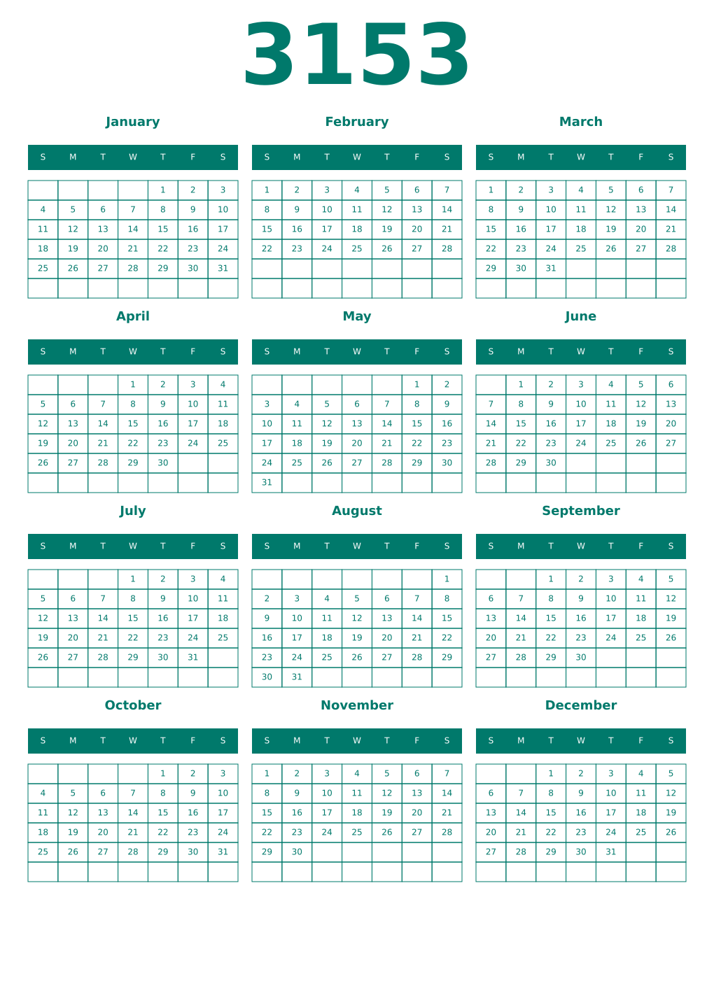Printable 3153 Year Calendars pastel