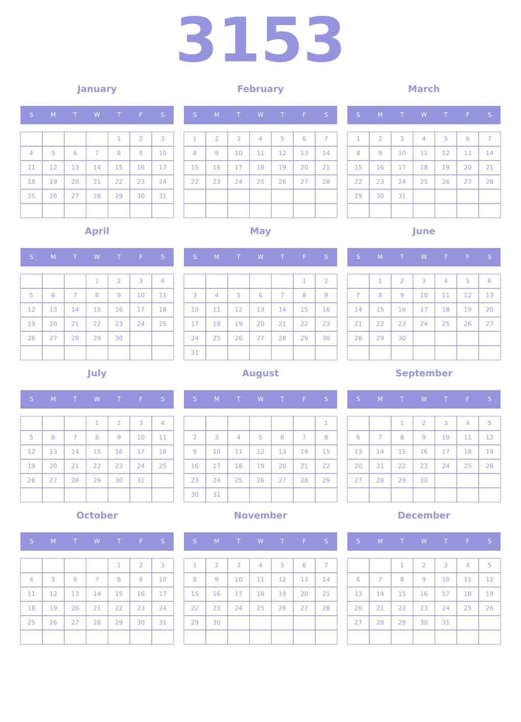 Printable 3153 Year Calendars periwinkle