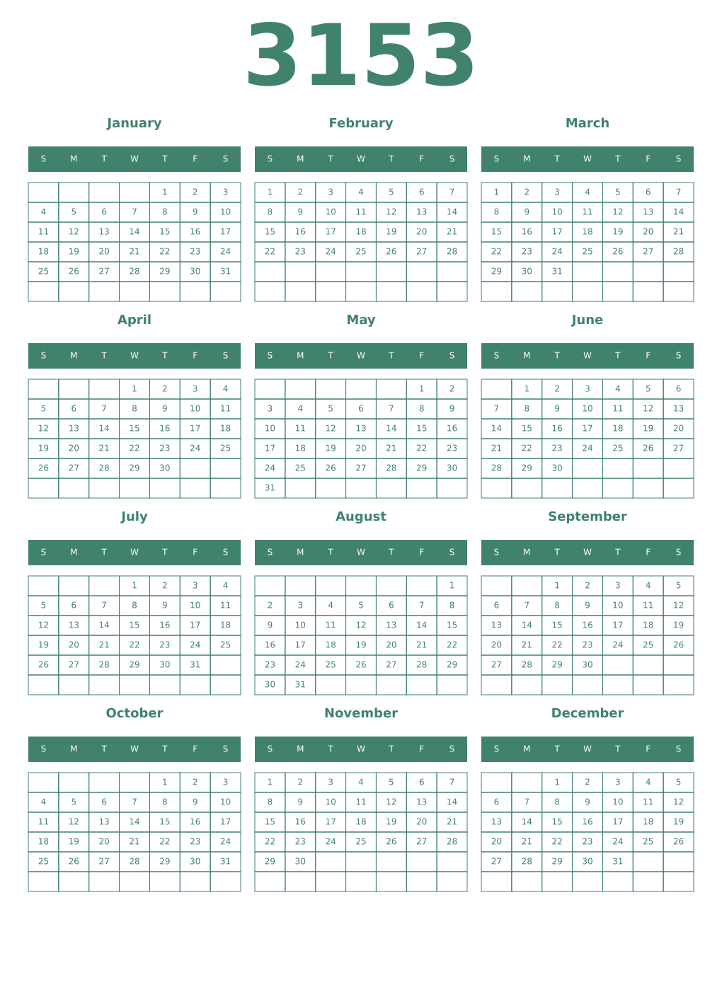 Printable 3153 Year Calendars viridian