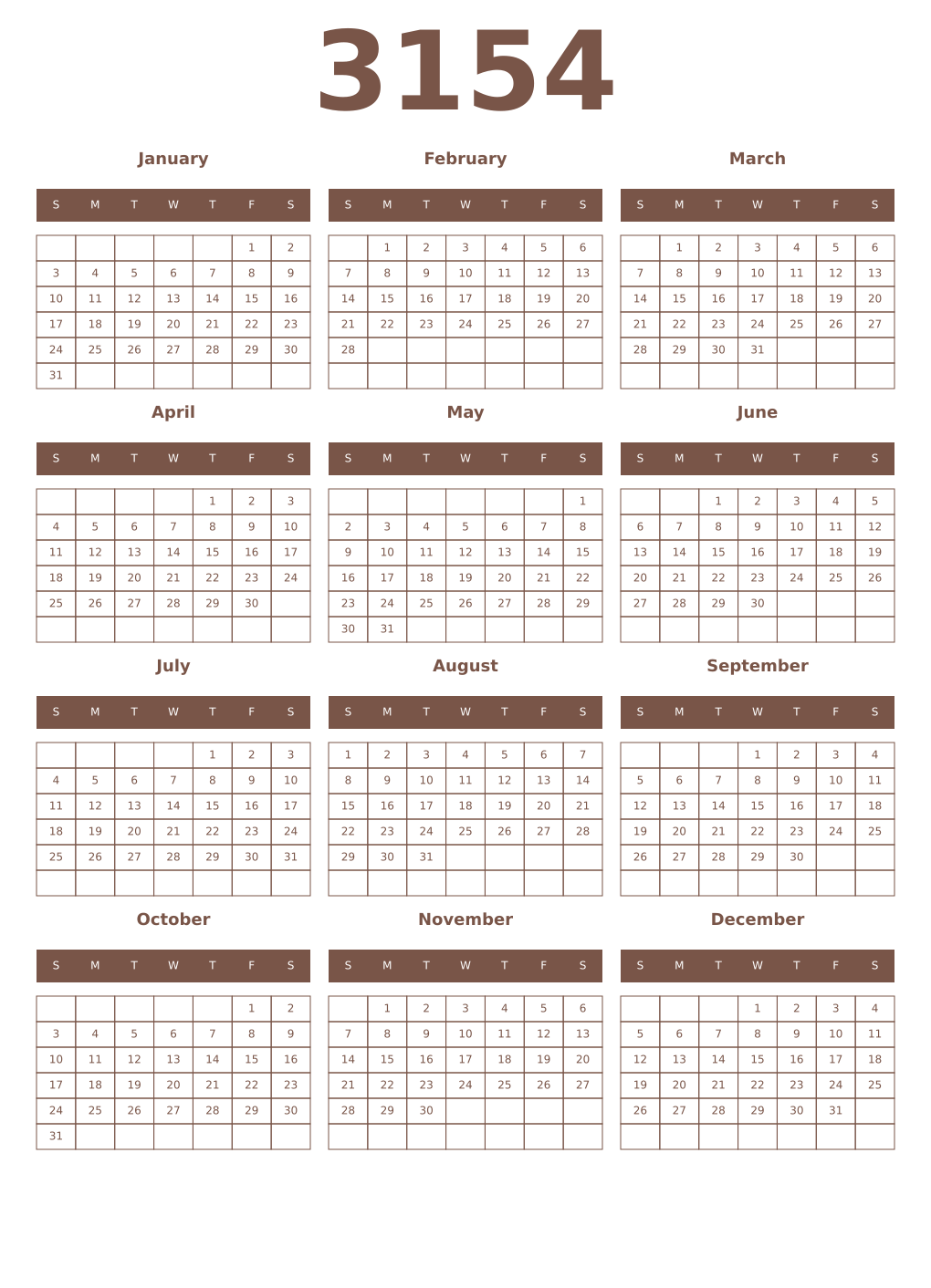 Printable 3154 Year Calendars coffe