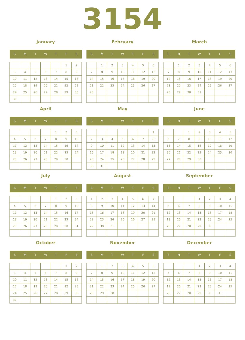 Printable 3154 Year Calendars eburnean