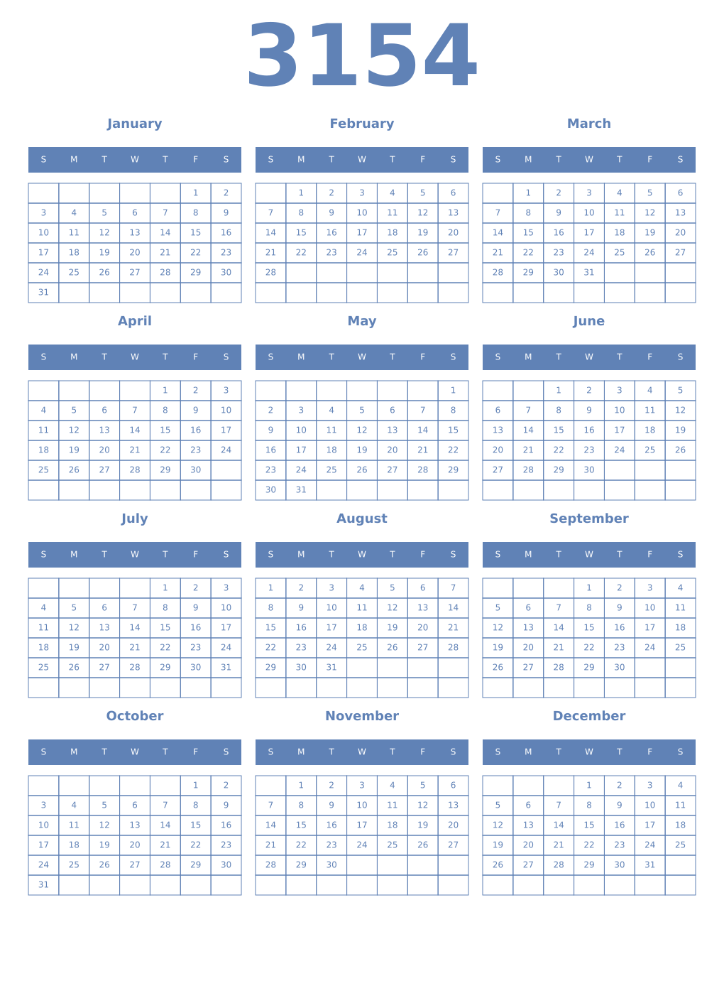 Printable 3154 Year Calendars glaucous