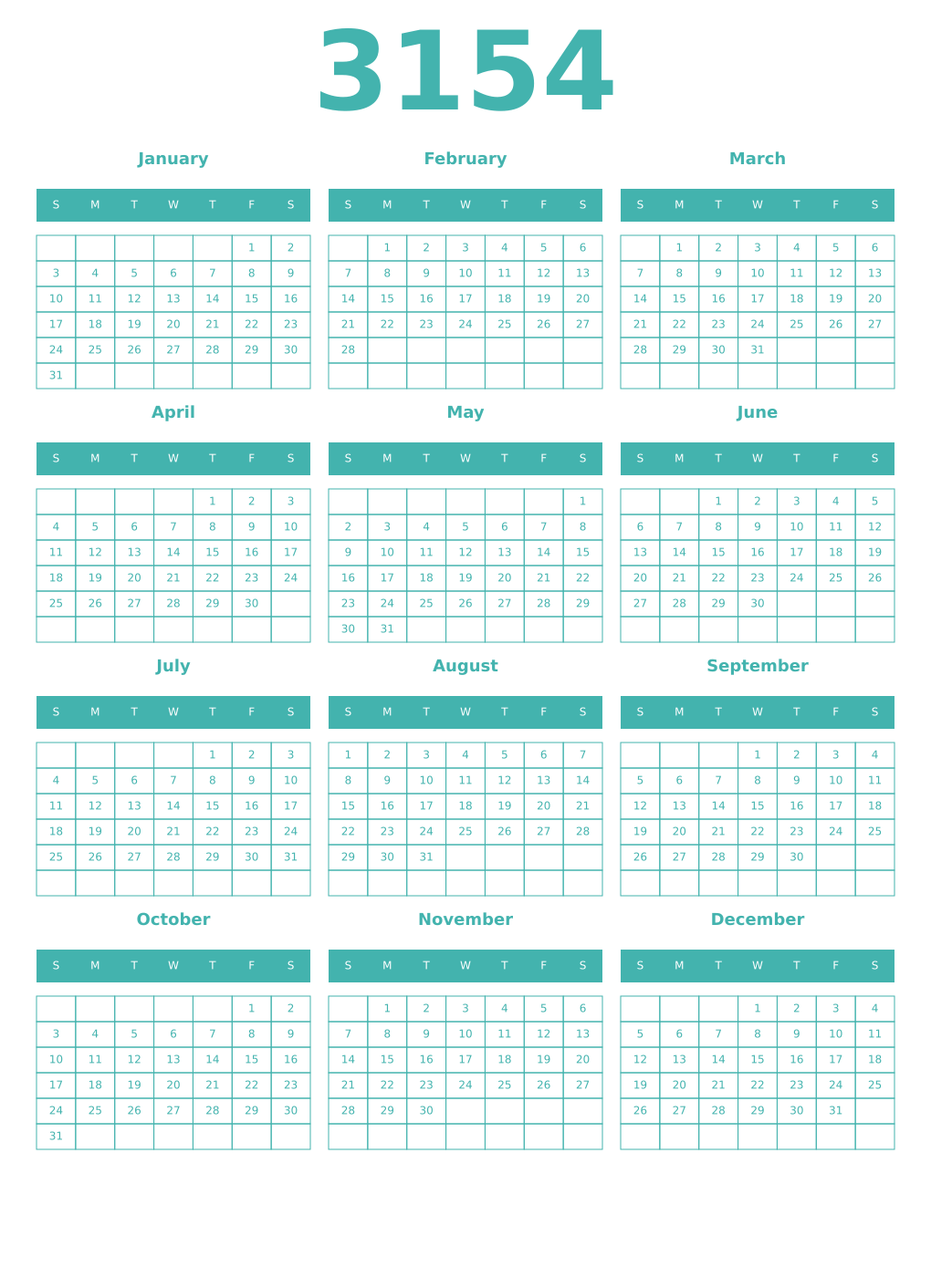 Printable 3154 Year Calendars verdigris