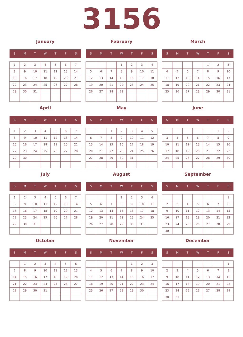 Printable 3156 Year Calendars cordovan