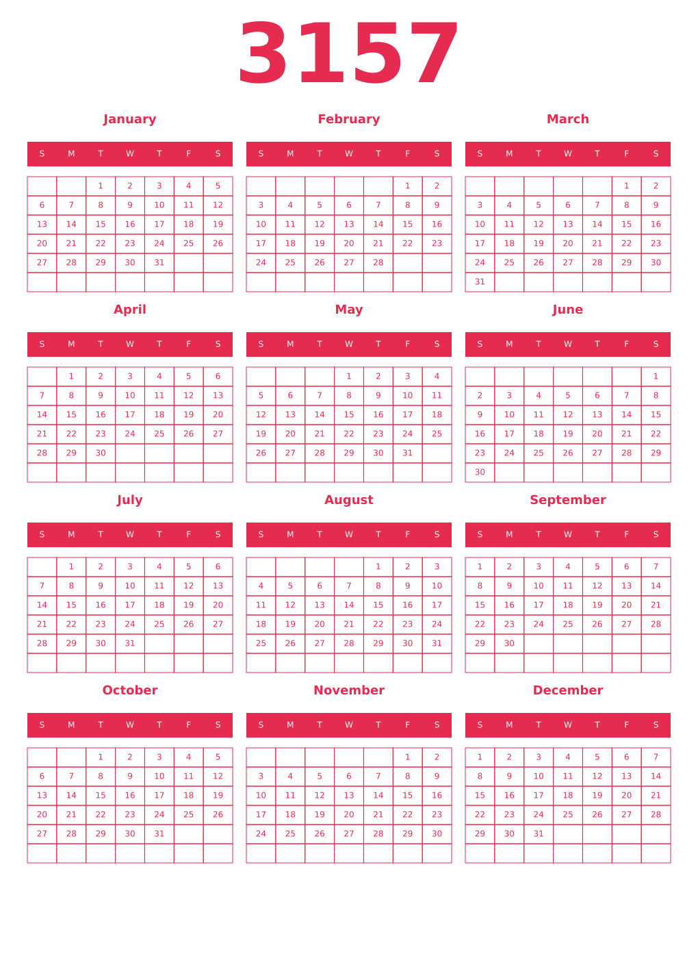 Printable 3157 Year Calendars amaranth