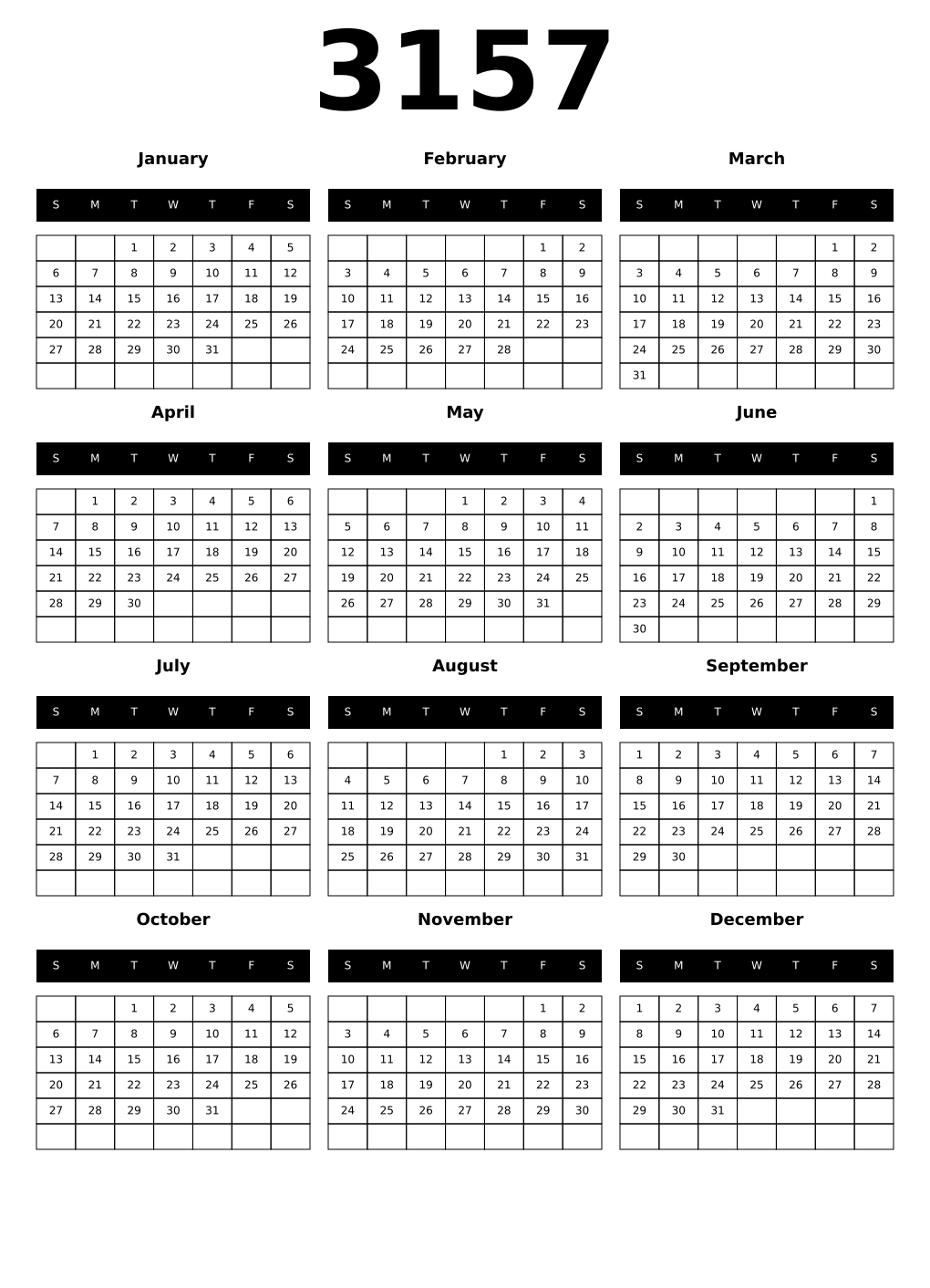 Printable 3157 Year Calendars black
