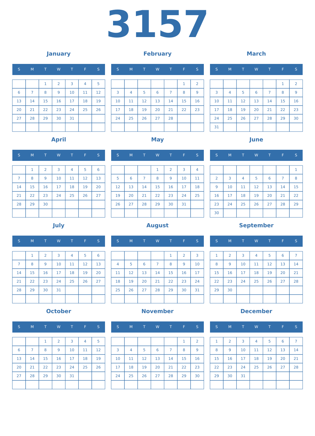 Printable 3157 Year Calendars blue