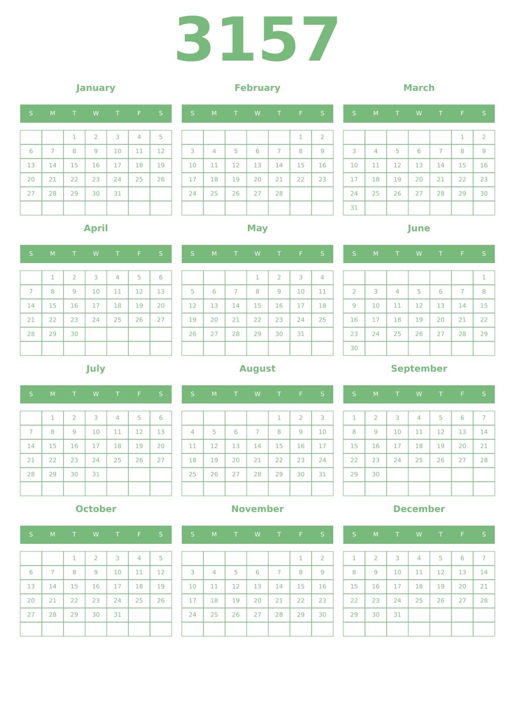 Printable 3157 Year Calendars celadon