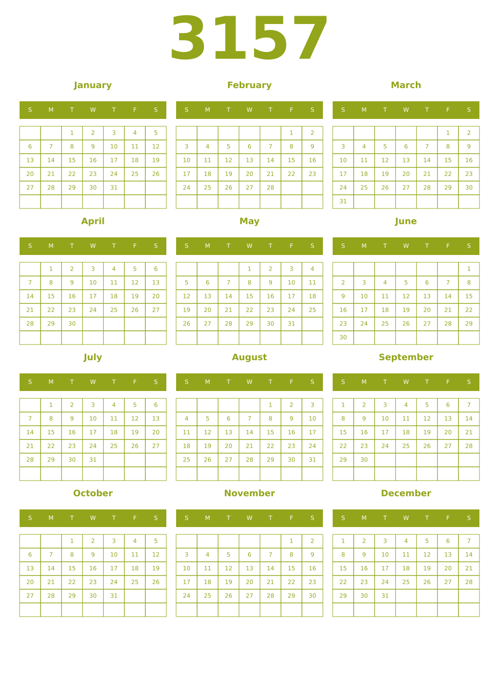 Printable 3157 Year Calendars chartreuse