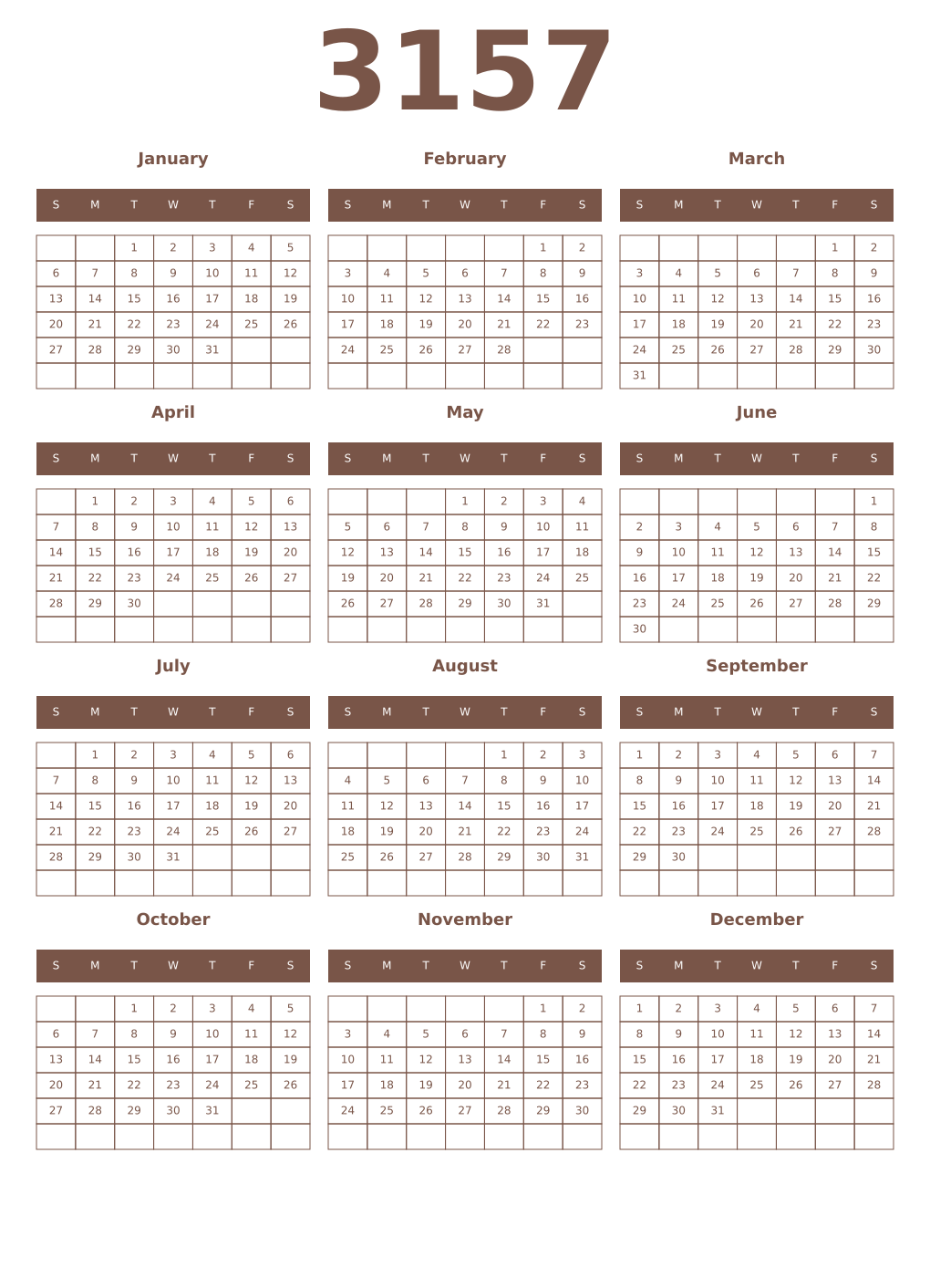 Printable 3157 Year Calendars coffe