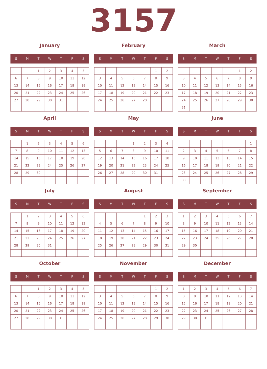 Printable 3157 Year Calendars cordovan