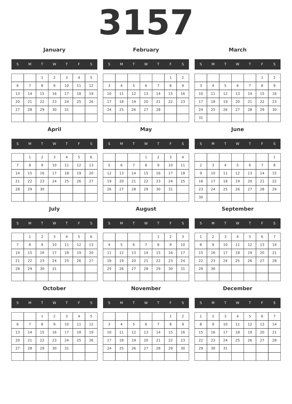 Printable 3157 Year Calendars dark