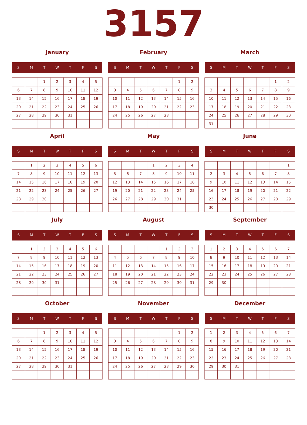 Printable 3157 Year Calendars falu