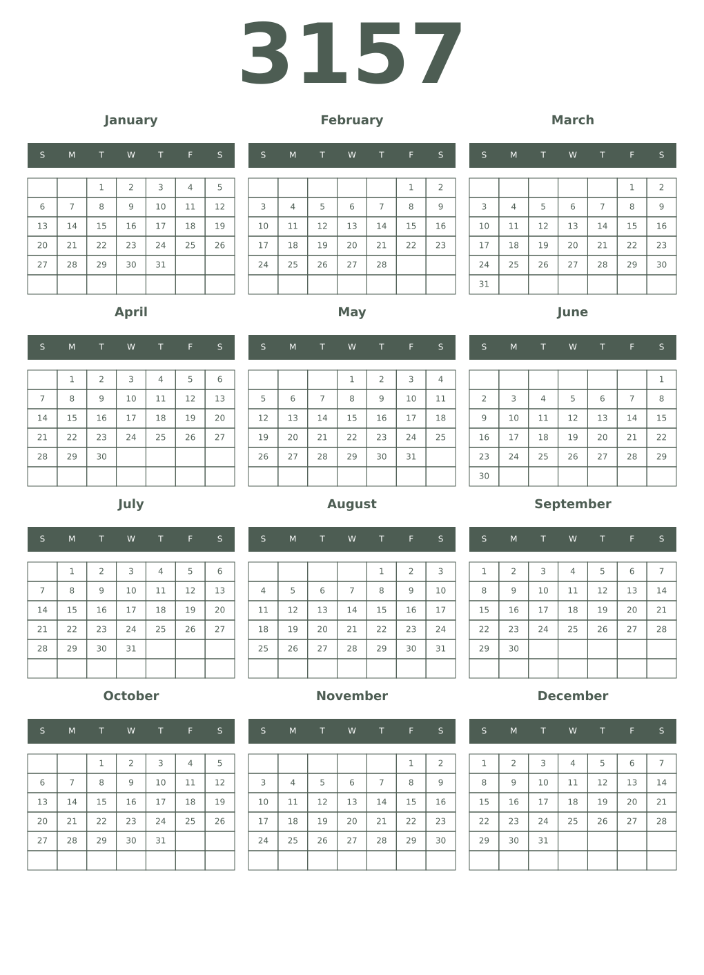 Printable 3157 Year Calendars feldgrau
