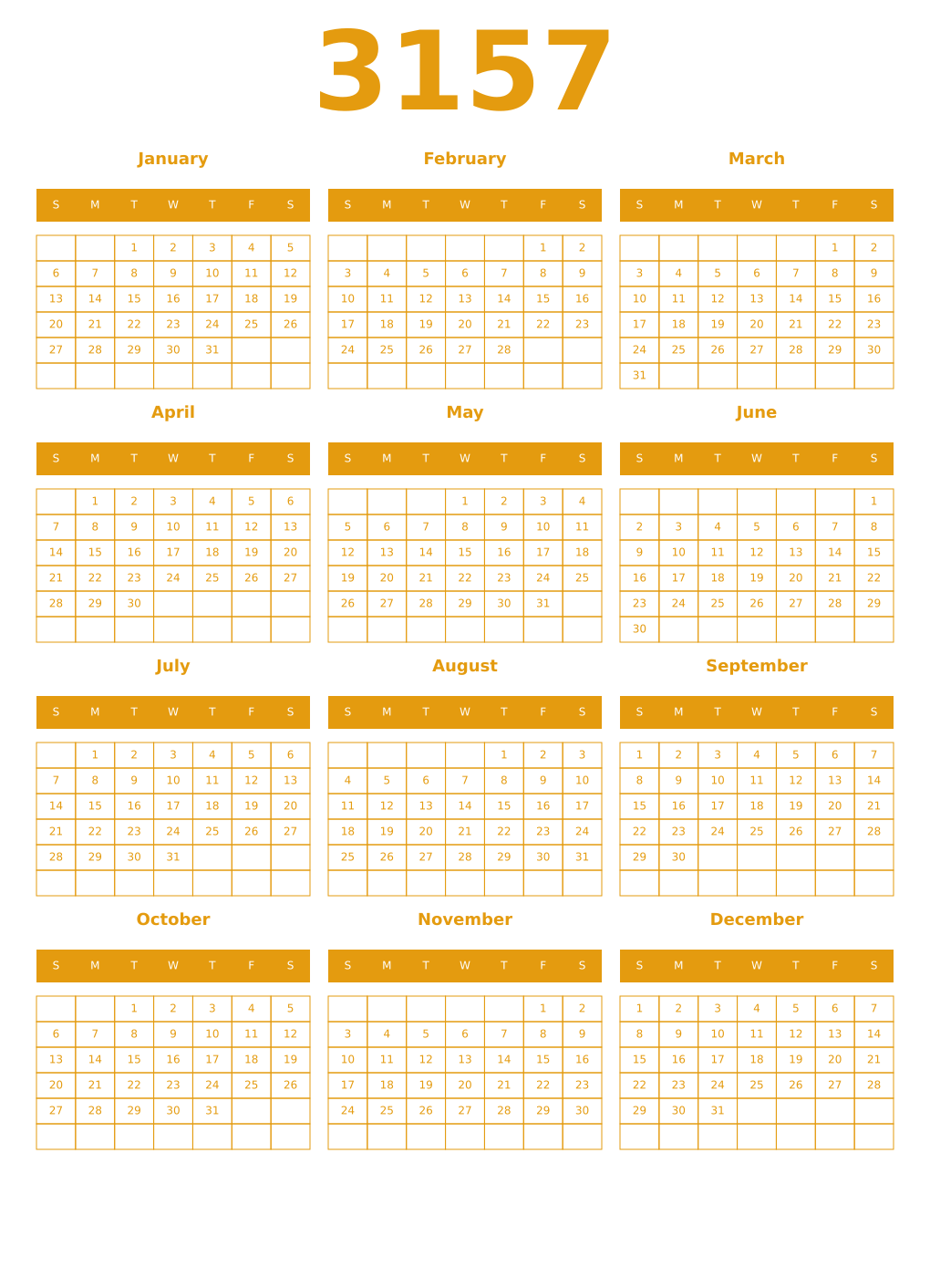 Printable 3157 Year Calendars gamboge