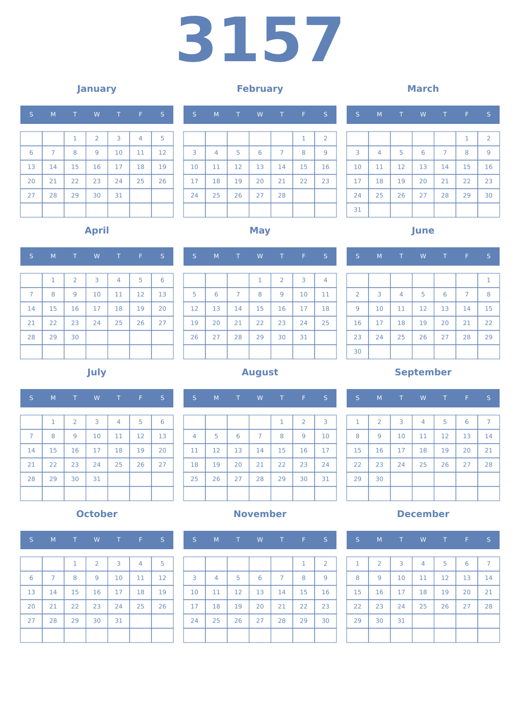 Printable 3157 Year Calendars glaucous
