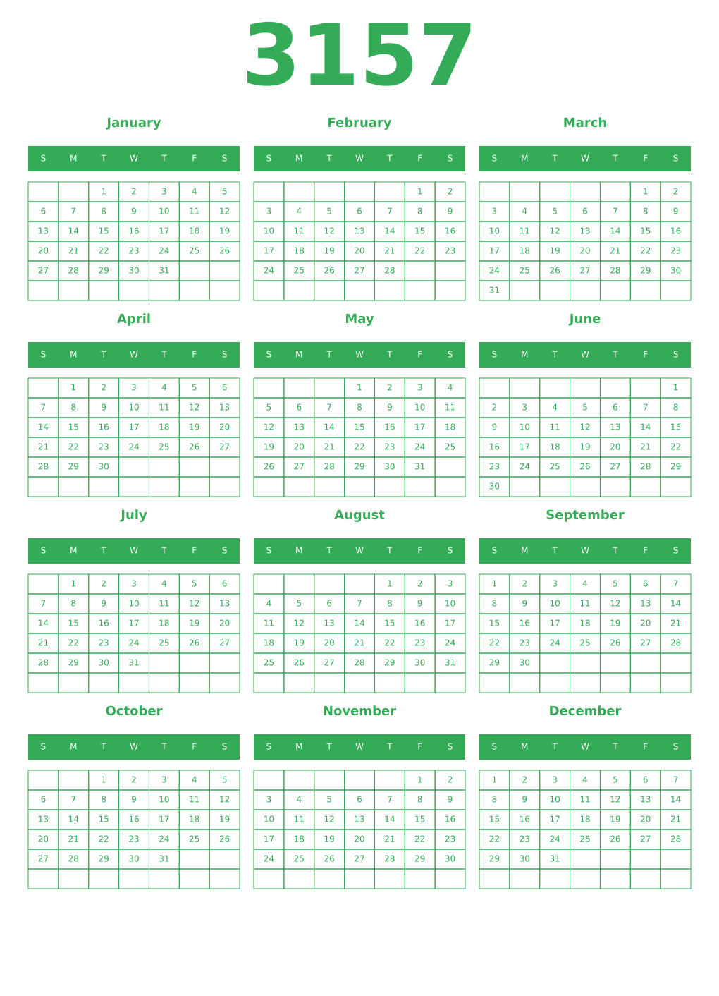 Printable 3157 Year Calendars green