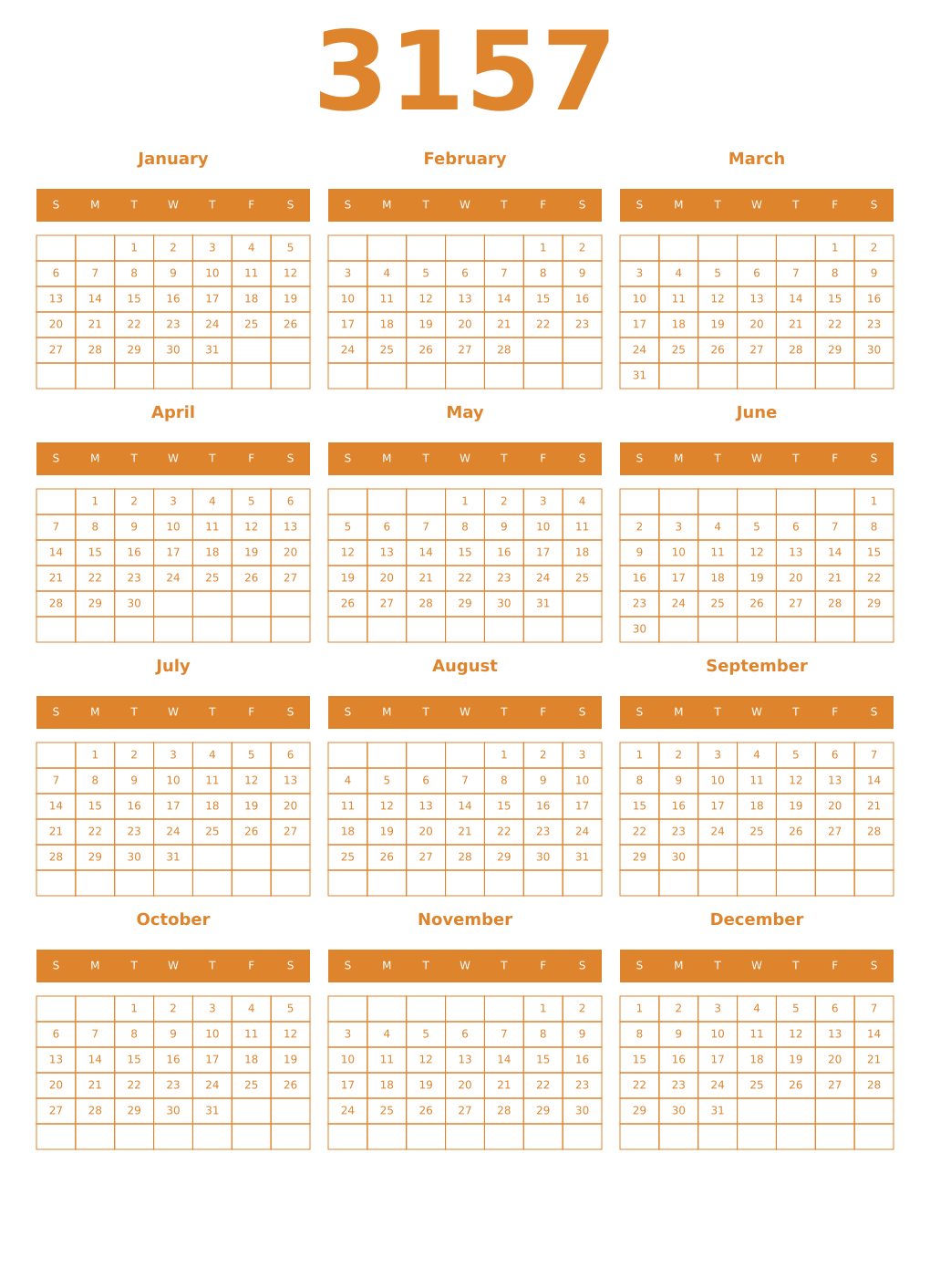 Printable 3157 Year Calendars orange