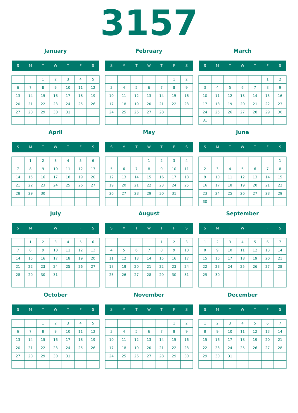 Printable 3157 Year Calendars pastel