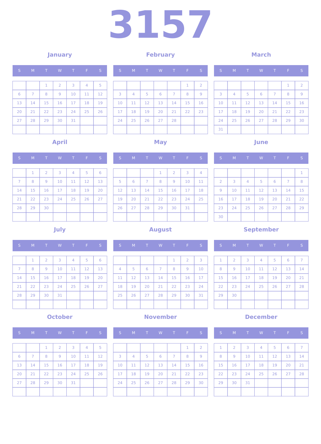 Printable 3157 Year Calendars periwinkle