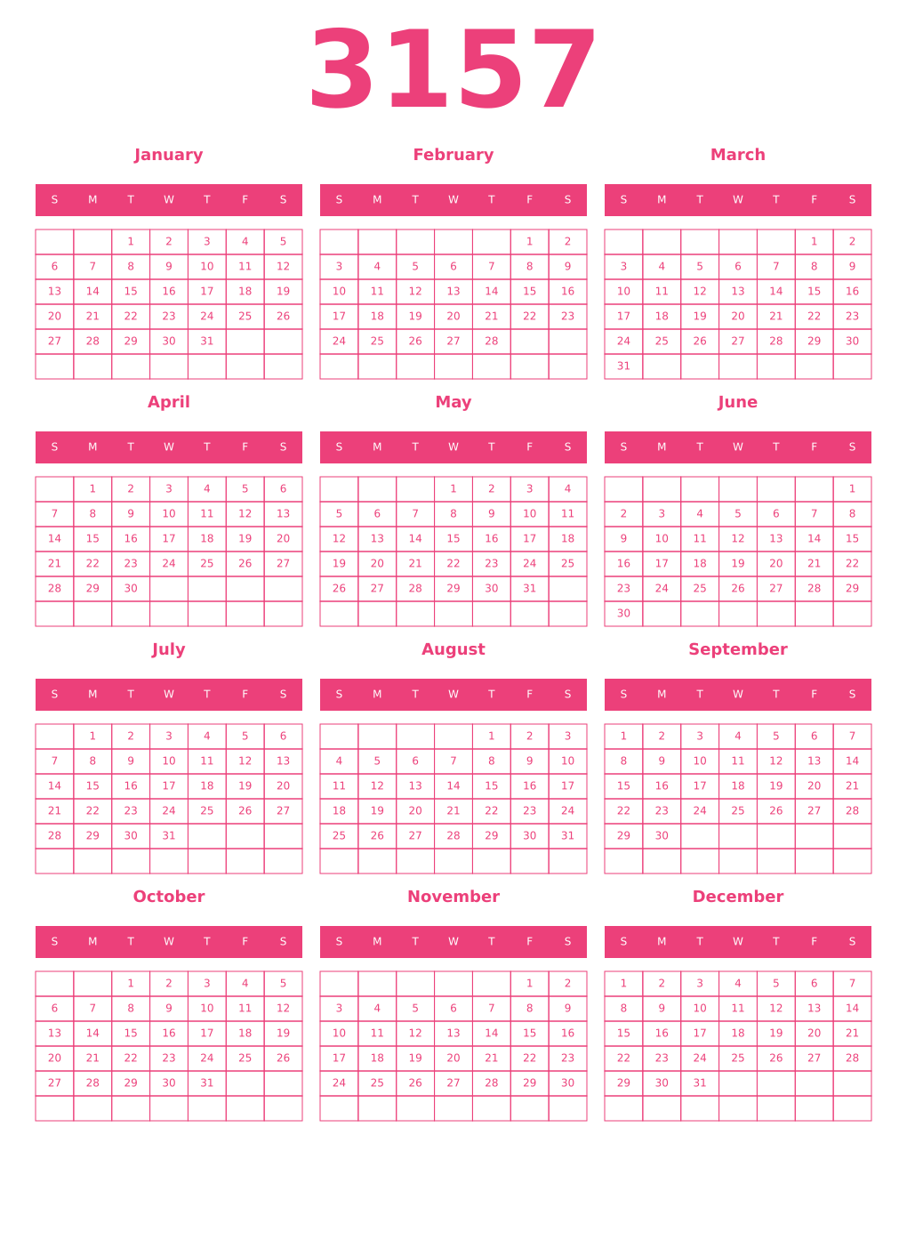 Printable 3157 Year Calendars pink