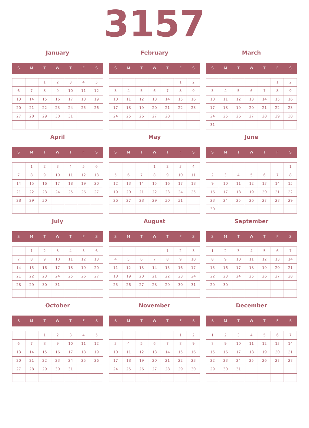 Printable 3157 Year Calendars puce