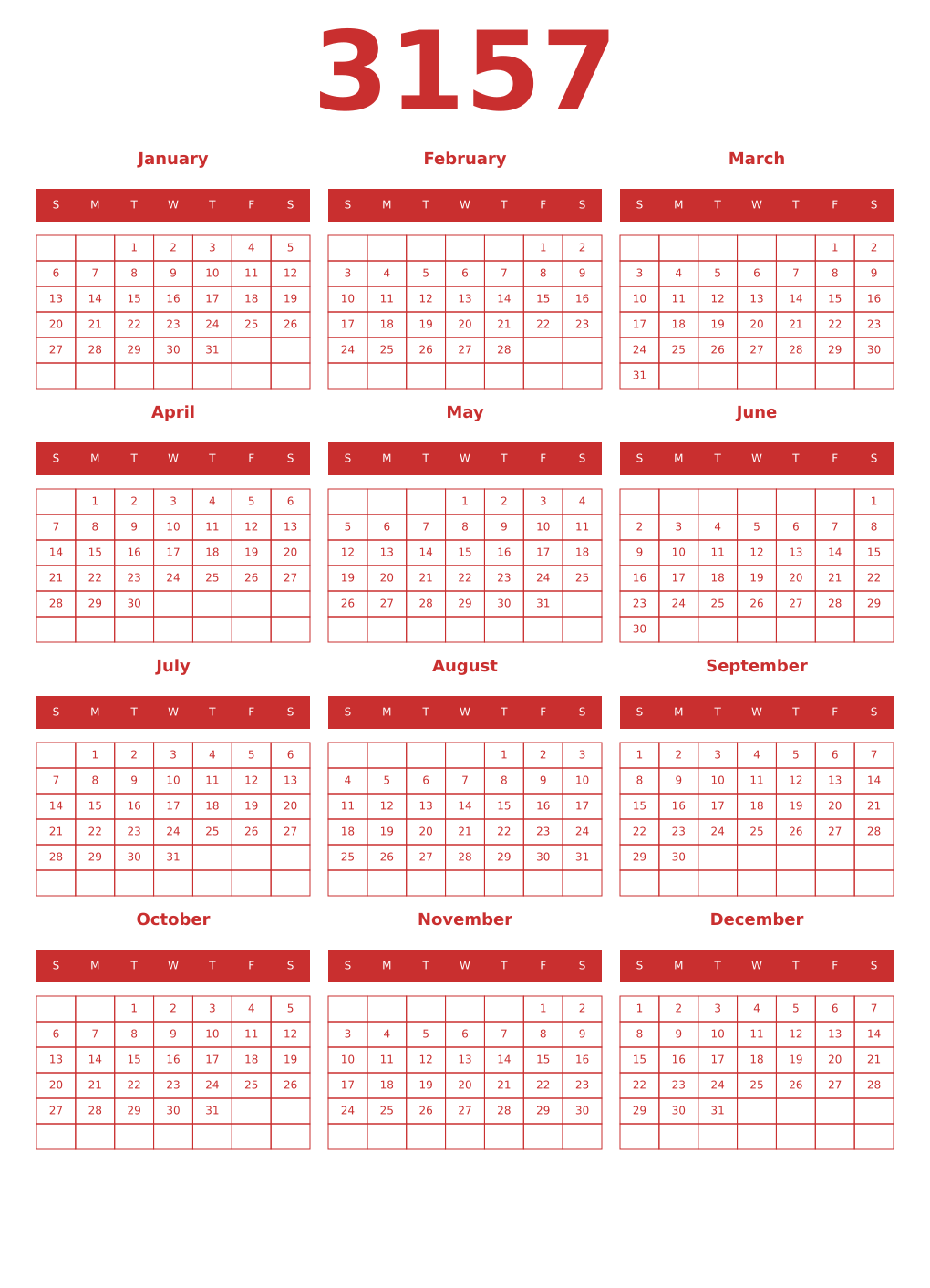 Printable 3157 Year Calendars red