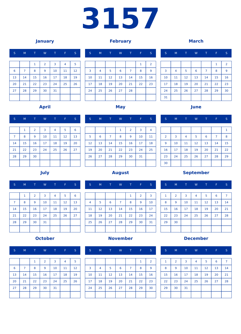 Printable 3157 Year Calendars smalt