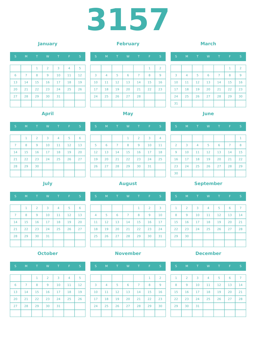 Printable 3157 Year Calendars verdigris