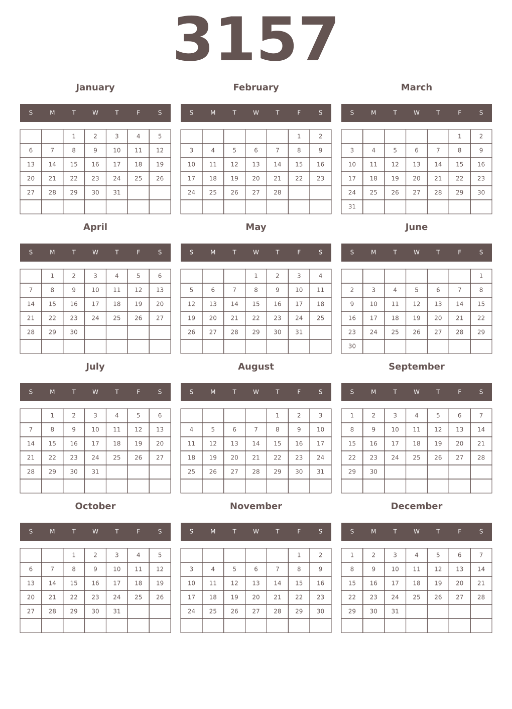 Printable 3157 Year Calendars wenge